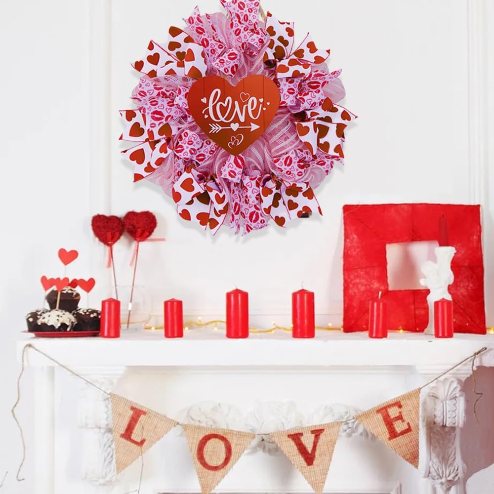 Valentine's Day Heart Wreath - 18in, Red & Pink Bow, Outdoor/Indoor Decor
