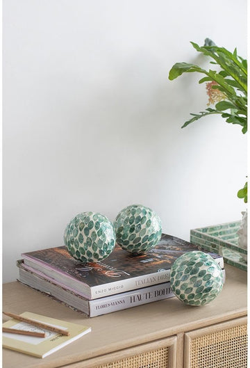 Set of 3 Ceramic and Capiz Decorative Spheres - Handcrafted Green Leaf Mosaic Orbs Decor, Tabletop Accent, Shelf