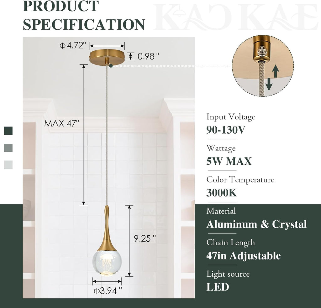 LED Pendant Light Kitchen Island Jellyfish Crystal Pendant Lights Dimmable Gold Modern Hanging Light for Bedroom