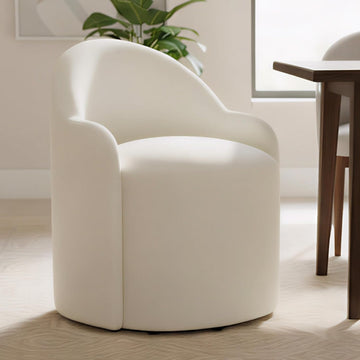 Upholstered Dining Chairs with Casters, No Assembly Modern Dining Room Chairs Accent Vanity Chair with 5 Wheels & Round Backrest for Bedroom, Living Room, Dressing, Linen Fabric, Set of 1