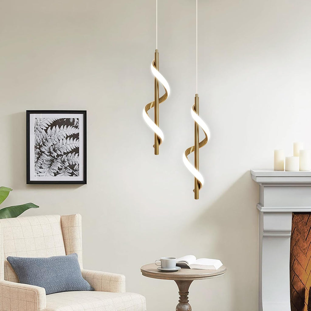 Gold Pendant Light, Spiral Modern Led Pendant Lighting for Kitchen Island, 5500K Brushed Brass Ceiling Hanging Light
