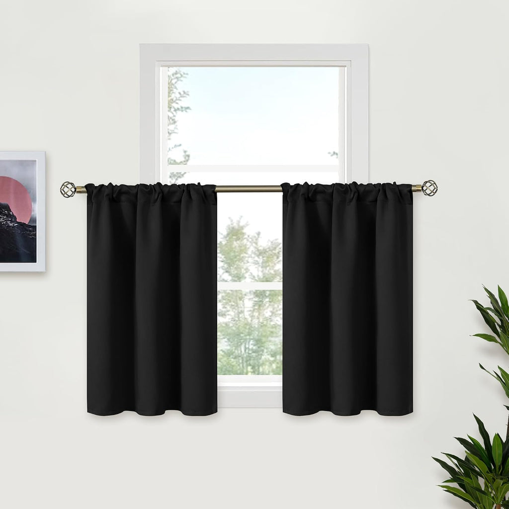 Short Blackout Curtains 45 Inch Long, Black Darkening Drape 2 Panels - Set of 2