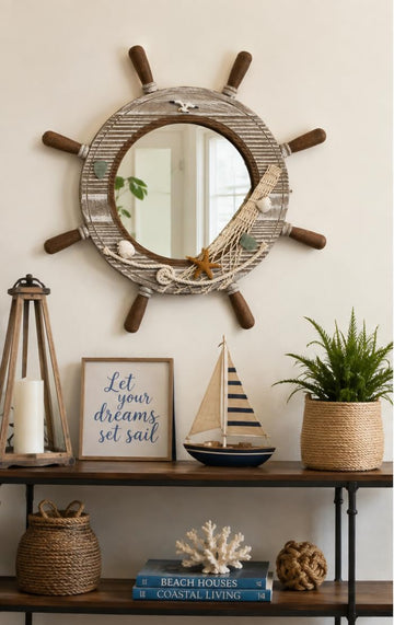 Wood Ship Wheel Nautical Wall Mirror - Nautical Decorative Wall - Home Décor - Wall Mounted Mirror Ship Wheel - Wall