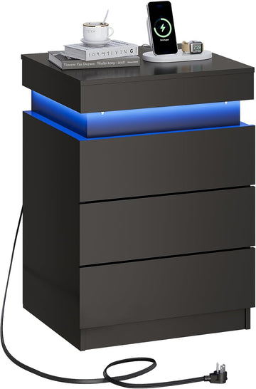 Black Nightstand with Charging Station & LED Lights, Modern Night Stand with 3 Drawers and Sliding Top, Bedside Table