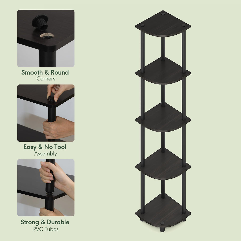 Turn-N-Tube Corner Shelf, 5-Tier Corner Bookshelf, Open Storage Shelves, for Organization and Storage, Living Room