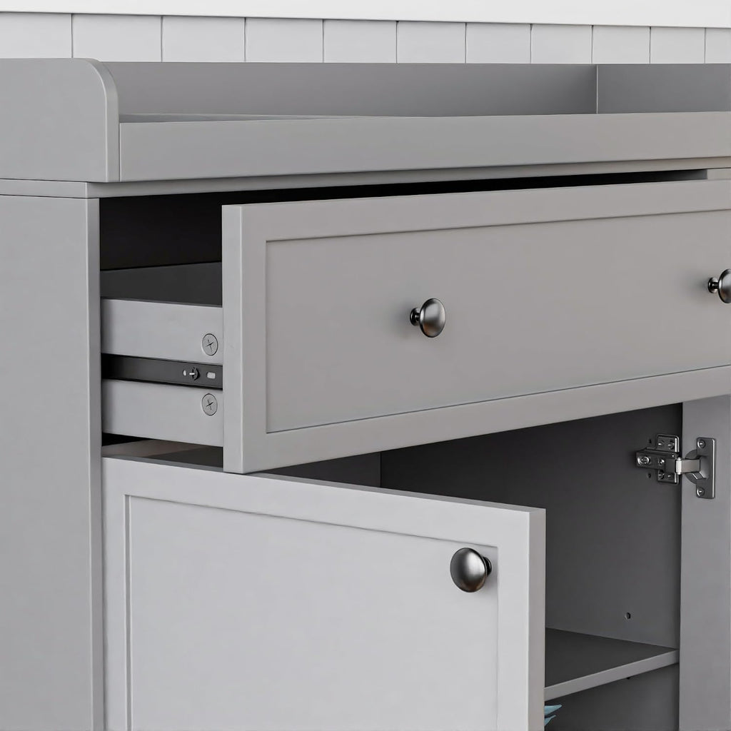 Wide Baby Changing Table Dresser with 2 Doors, 2 Different Size Drawers &Storage Cubbies, Durable Wood Construction