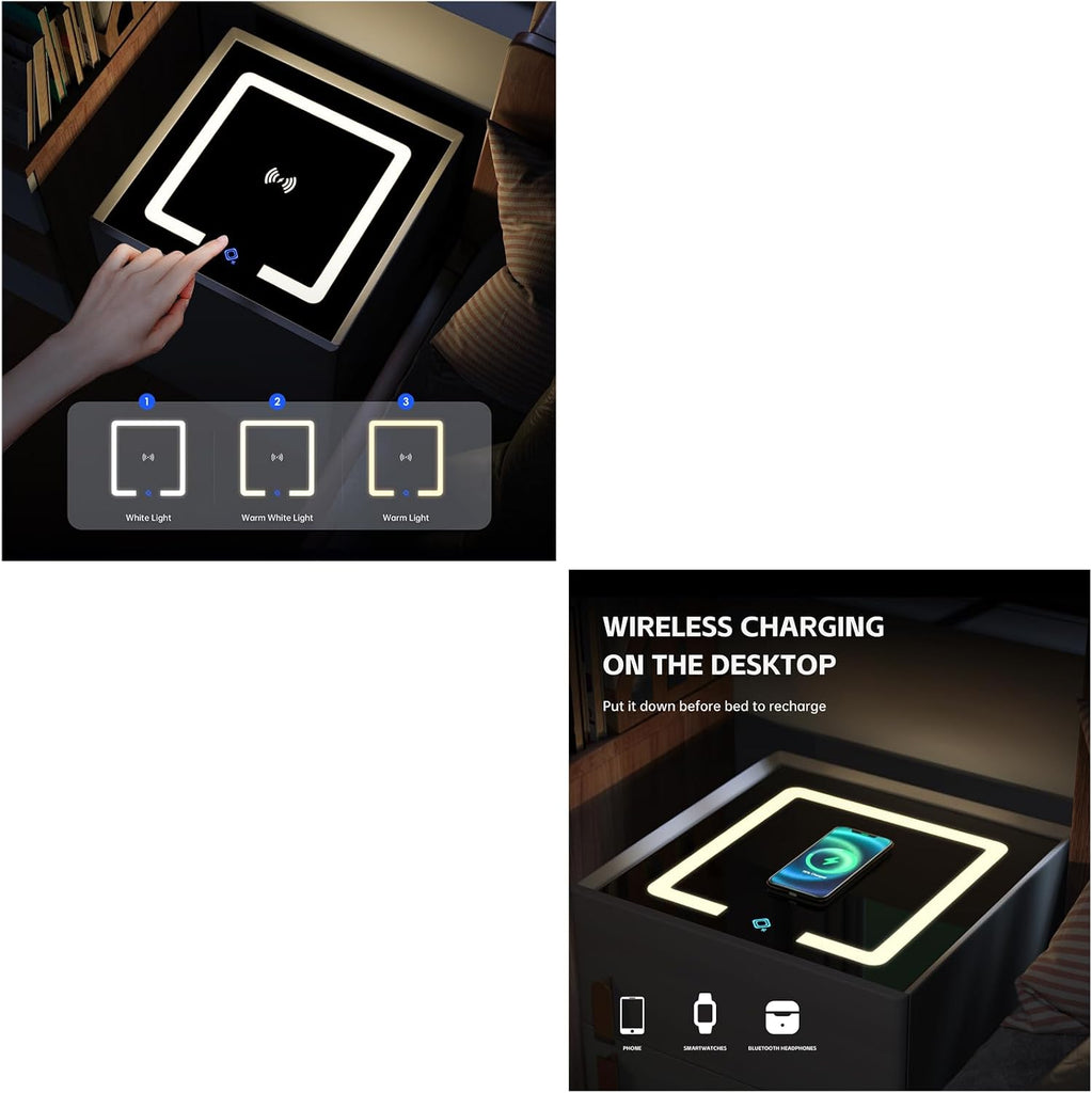 Smart Nightstand with Drawer and Safe, Nightstand with Wireless Charging, Smart Bedside Tables, LED Night Stand