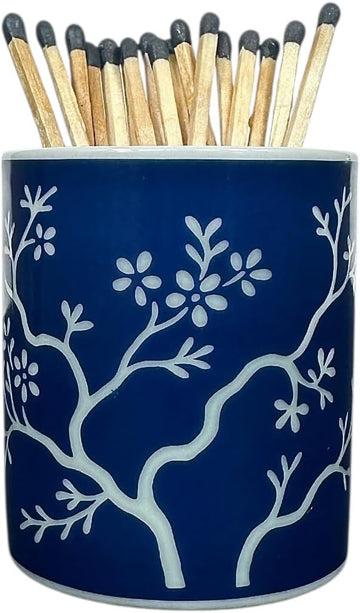 Chinoiserie Long Match Holder with Striker - Tall Design for 3", 4", 5" Matches - Rare Vintage Style Soft Blue