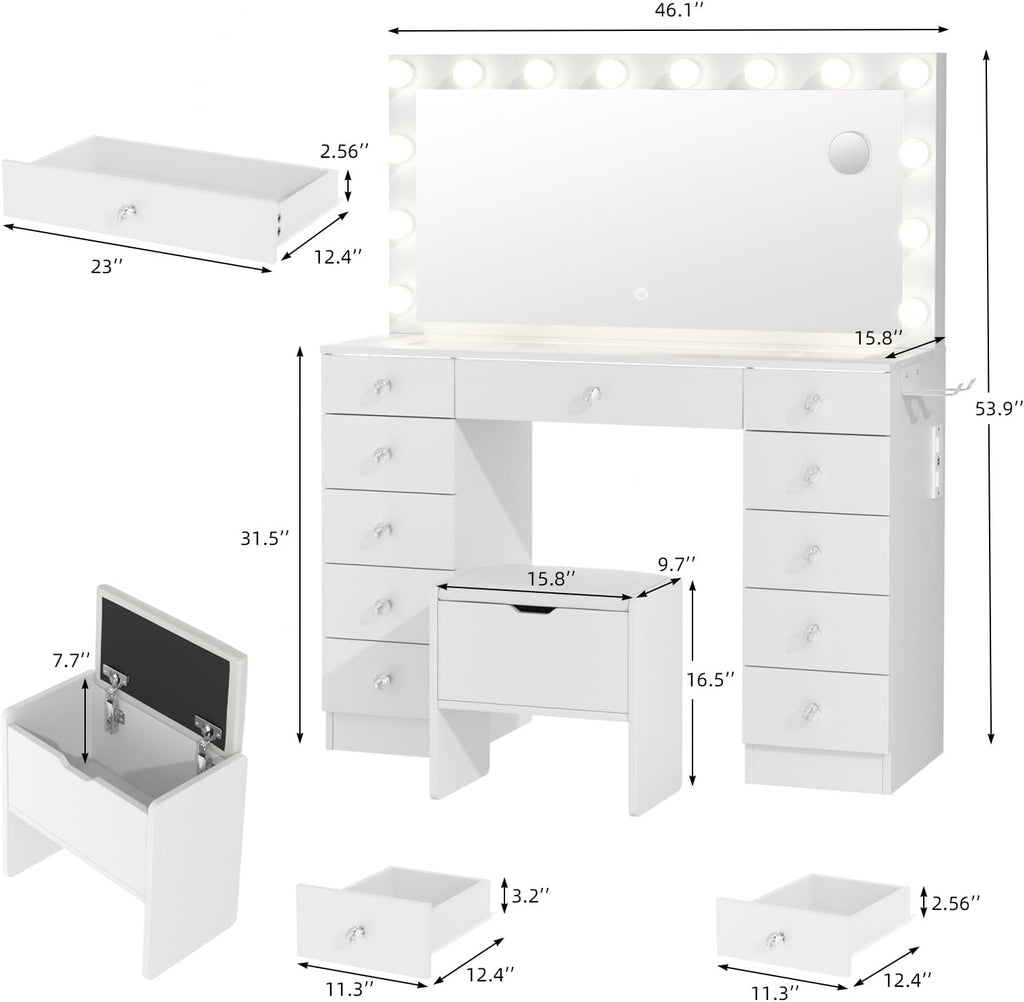 Vanity with Lighted Mirror - 46" Makeup Vanity Desk with Glass Top | Makeup Table with 11 Drawers, 3 Color Lighting