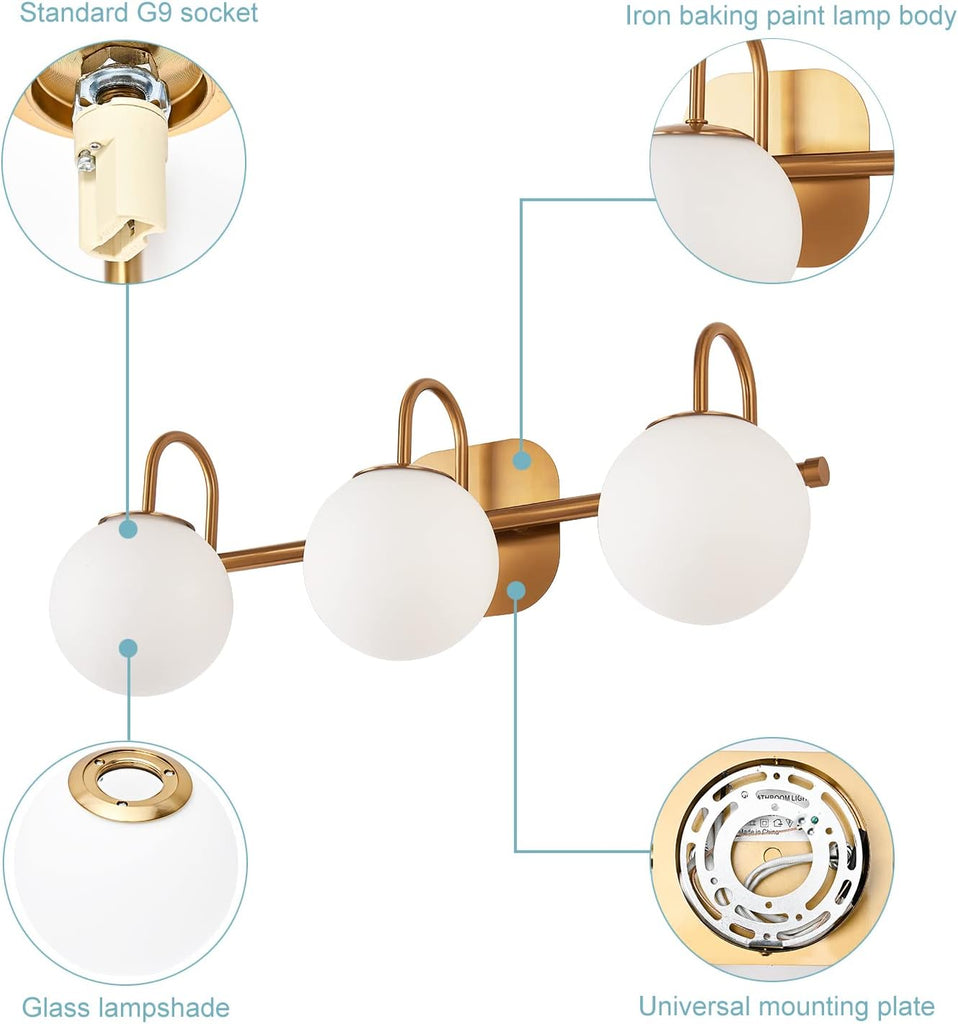 Modern Bathroom Vanity Light Fixtures 3 Lights Brushed Brass Frame and Milk White Glass Globe Shade Modern Wall