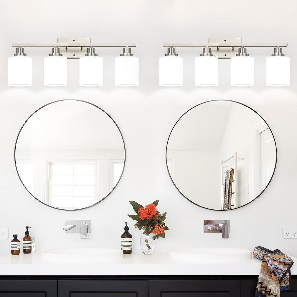 4-Light Vanity Light with Milky White Shades, Brushed Nickel Bathroom Lighting Fixtures Over Mirror, Modern Bathroom