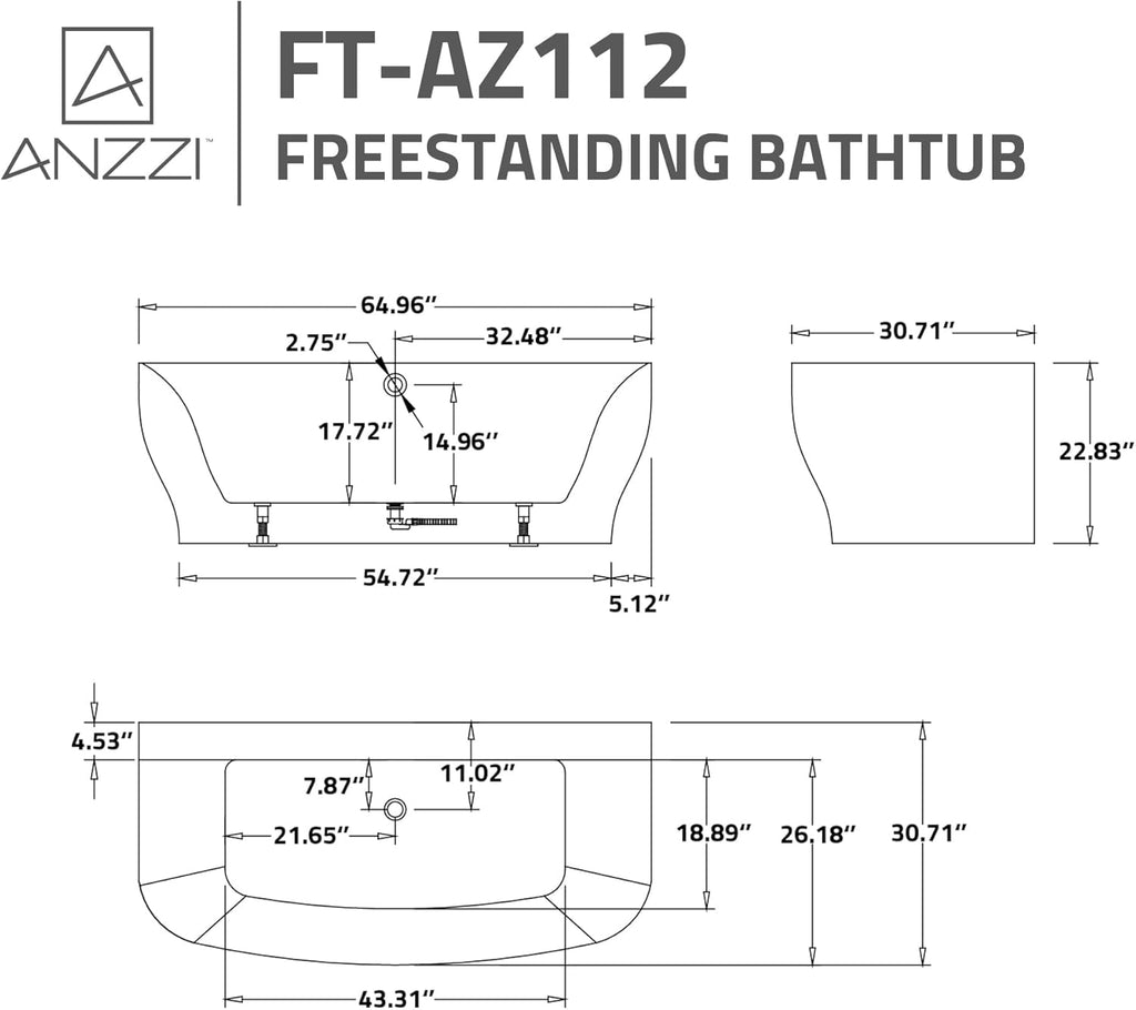 Flat Bottom Freestanding Soaking Bathtub Fiberglass Reinforced Acrylic 65 x 31 Inch Glossy White