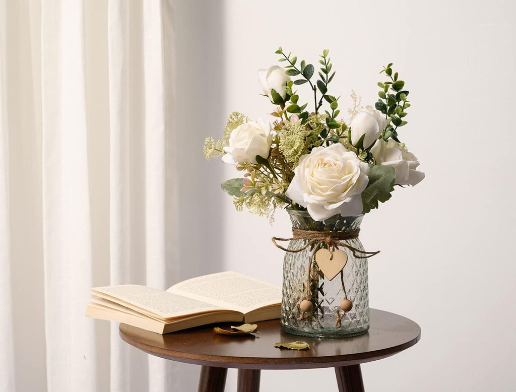Fake Flowers with Vase, Silk Roses Artificial Flowers in Vase, Faux Flower Plant Arrangement Suitable Decoration