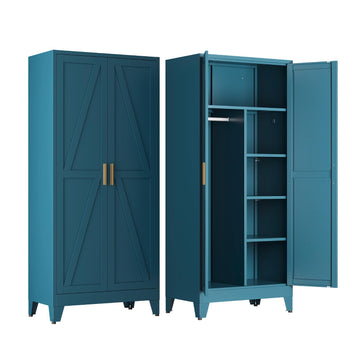 71'' Tall Wardrobe Closet with Doors, Metal Bedroom Armoire with Adjustable Hanging Rod and Shelves, Farmhouse Broom