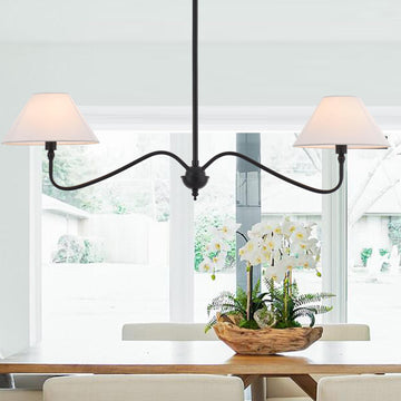Modern Linear Chandelier Island, 2-Light Linear Light Fixture with Off-White Fabric Shade, Rustic Pendant Light