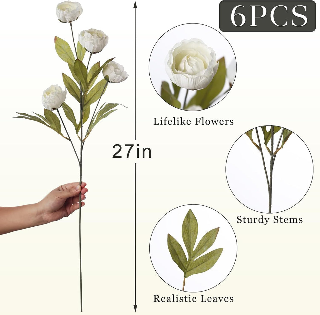 27" Faux Silk Peony Artificial Flowers Stems for Vase (Cream) - Set of 6