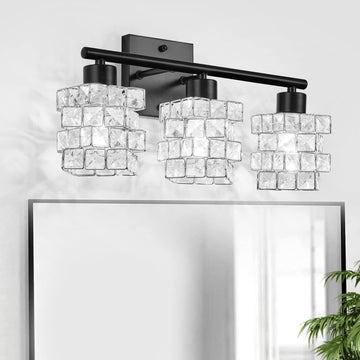 3 Lights Bathroom Vanity Light, Crystal Bathroom Light Fixture Over Mirror, Matte Black & Crystal Rotateable Indoor