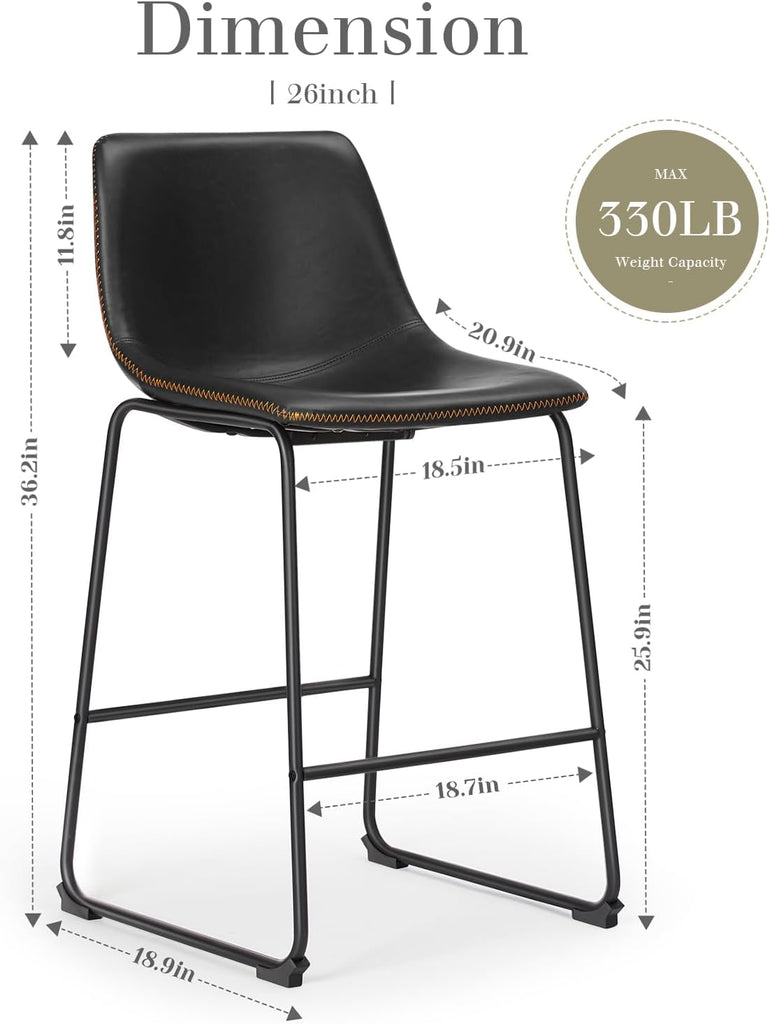 Bar Stools Set of 2, 26 Inch Counter Height Faux Leather Barstools with Back, Modern Metal Leg Bar Chairs