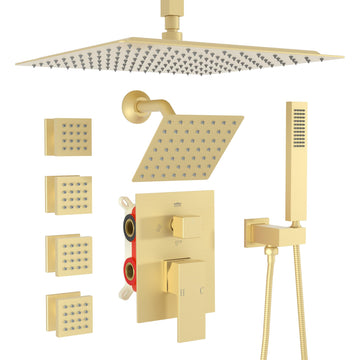 Dual Shower Head Shower System with Body Jets, 12" Ceiling Mounted Rain Shower Head & 6" Wall Mounted Head Full Body