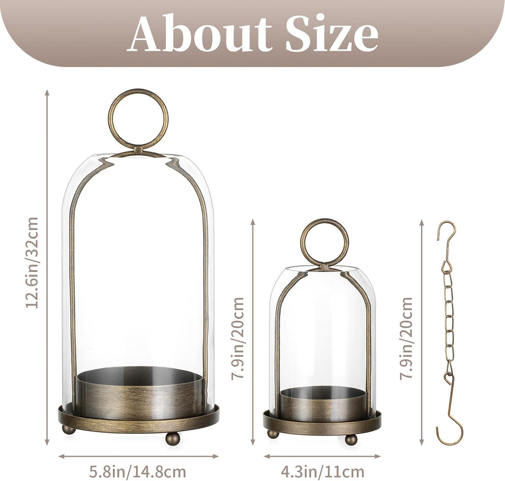 Hurricane Candle Holder Lanterns: Pillar Candle Holders Set of 2 for Outdoor - Antique Brass Metal Candleholder with