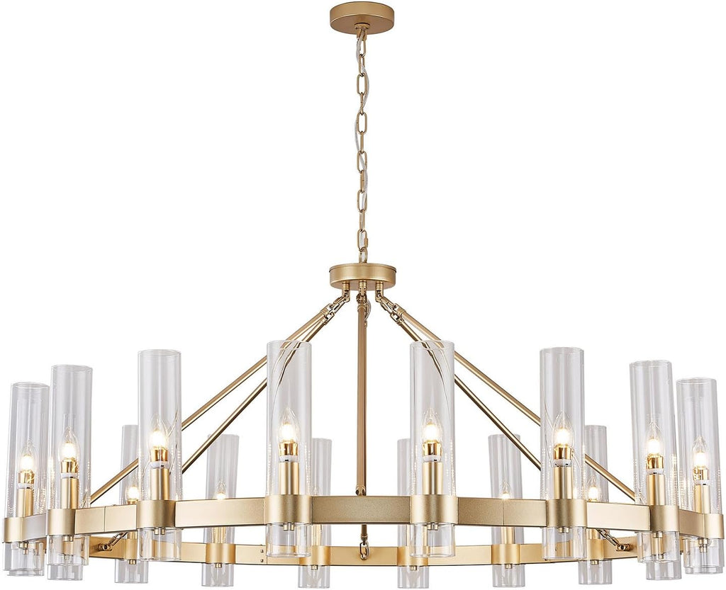 Gold Wagon Wheel Chandelier with Glass Shape D50 Large Round Chandelier Lighting for High Ceiling, Hanging Pendant Light Fixtures for Living Room, Dining Room (Gold + Glass Shape) A115-B0D1KGBFDR