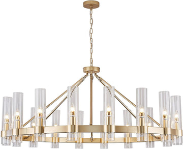 Inspired Ravelle Style Gold Wagon Wheel Chandelier with Glass Shape D50 Large Round Chandelier Lighting for High Ceiling, Hanging Pendant Light Fixtures for Living Room, Dining Room (Gold + Glass Shape)