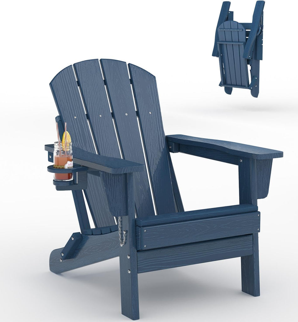 HDPE Folding Adirondack Patio Chair with Cup Holder - Weather-Resistant Plastic, Wood Grain Texture, Outdoor Lounge