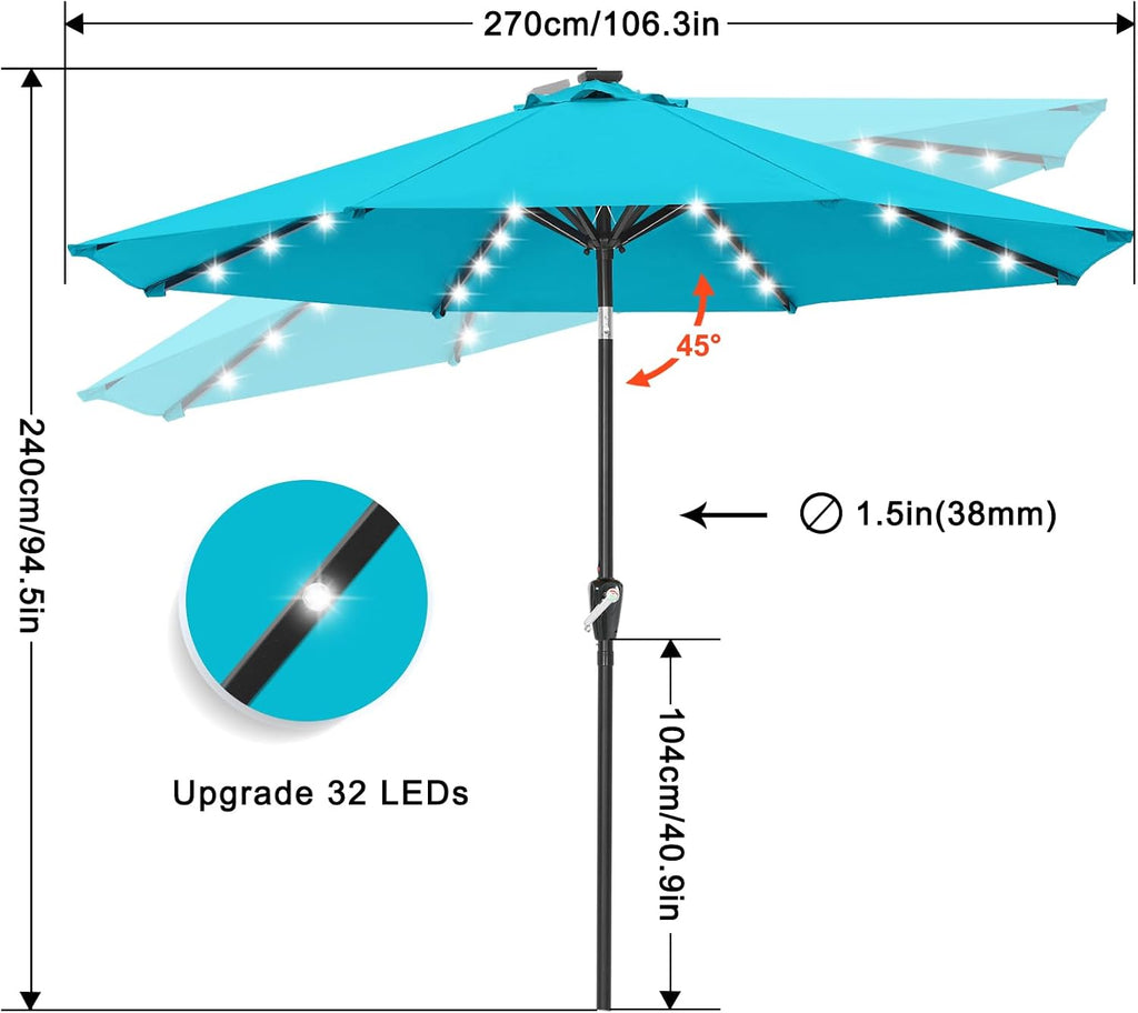 Durable Solar Led Patio Umbrellas with 32LED Lights 9FT (Turquoise)
