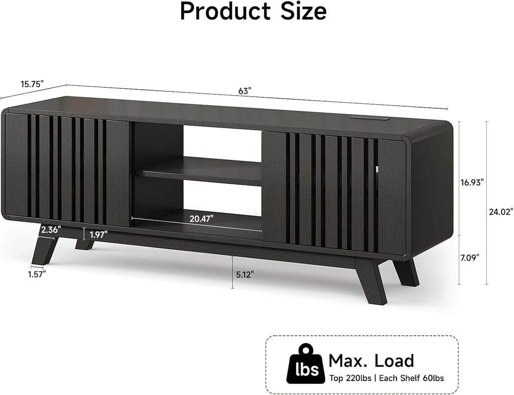 63-Inch TV Stand for TVs up to 75 Inch, Mid-Century Modern Television Stand with Power Outlet， Entertainment Center