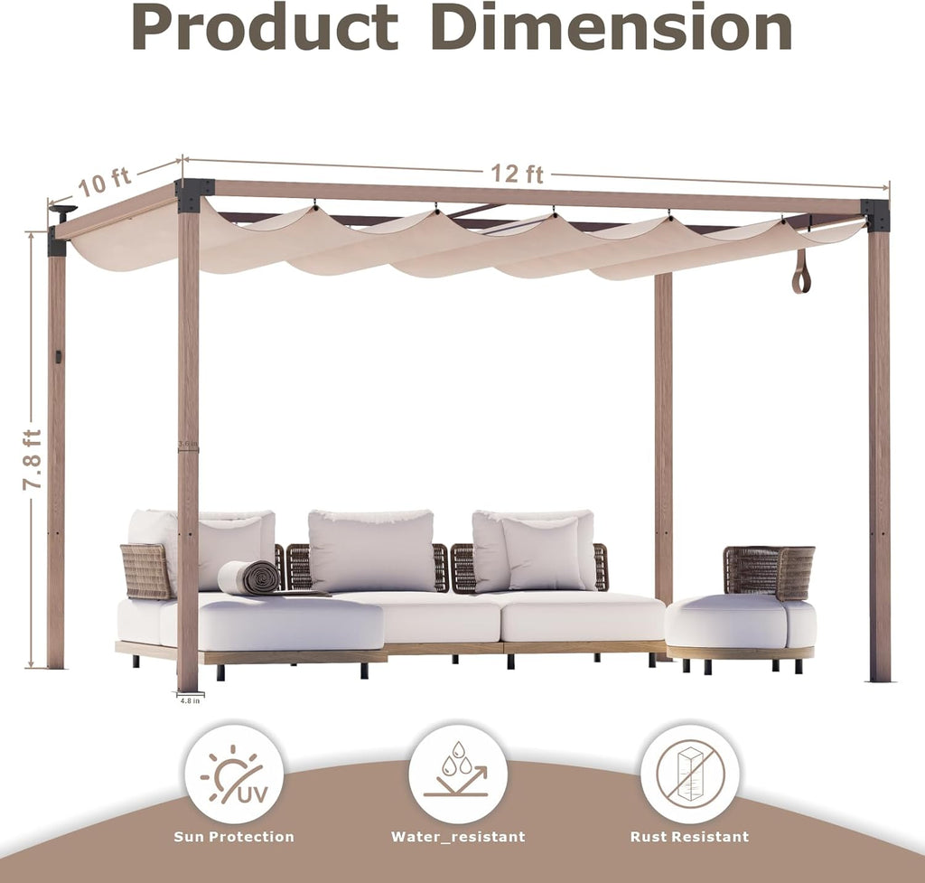 10x12 FT Retractable Pergola with Solar LED Lights, Wood-Grain Aluminum Frame, Water & UV-Resistant Adjustable Canopy