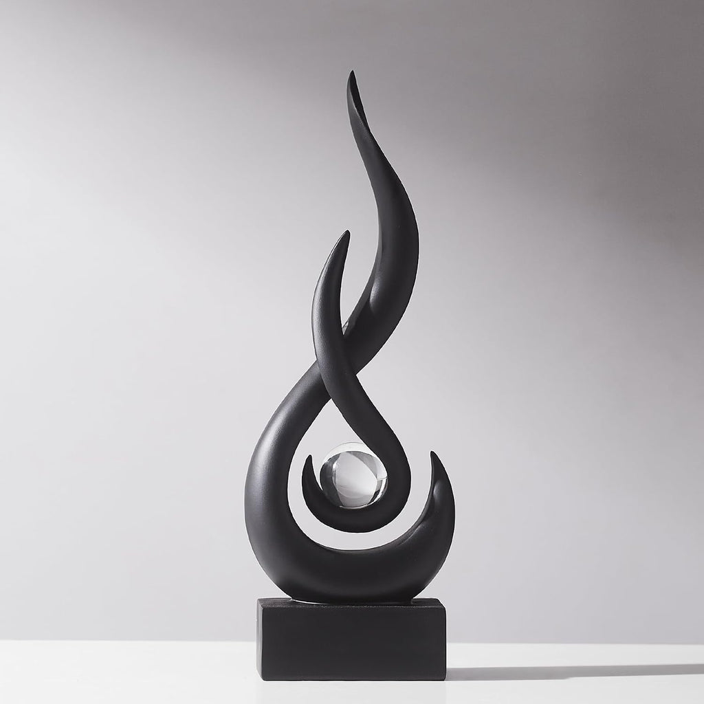 Modern Black Sculpture Decor: Flame Statue with Glass Ball Resin Abstract Art Figurines Unique Centerpiece TV Stand