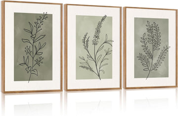 Botanical Sage Leaf Framed Canvas Wall Art Set Of 3, Minimalist Wall Decor, Boho Nature Floral Greenery Wall