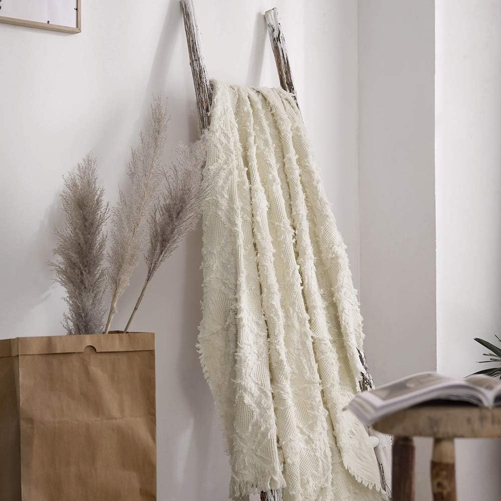 100% Cotton Throw Blanket, Boho Textured Geometric Knit Woven Blanket with Tassels Soft, Lightweight Breathable