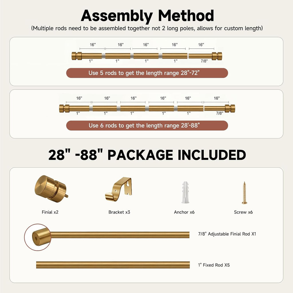 Warm Gold Curtain Rods with Solid Metal Finials Heavy Duty 1 Inch Brass Curtain Rod