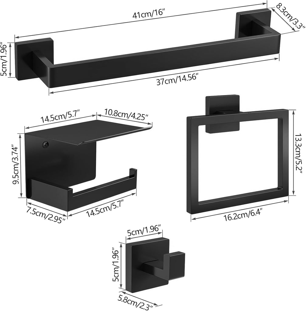 5-Piece Matte Black Bathroom Accessories Hardware Set | Stainless Steel Towel Racks , 16 Inch Bath Towel Bar Set Wall
