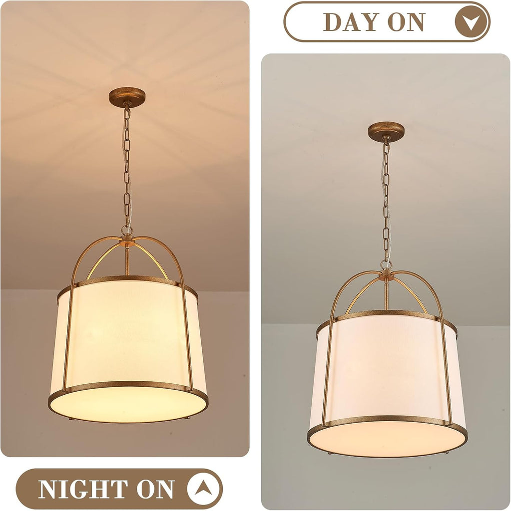 Rustic Modern Chandelier for Entryway, Dining Room Chandelier with Off-White Fabric Shade, Gold Pendant Light Fixture