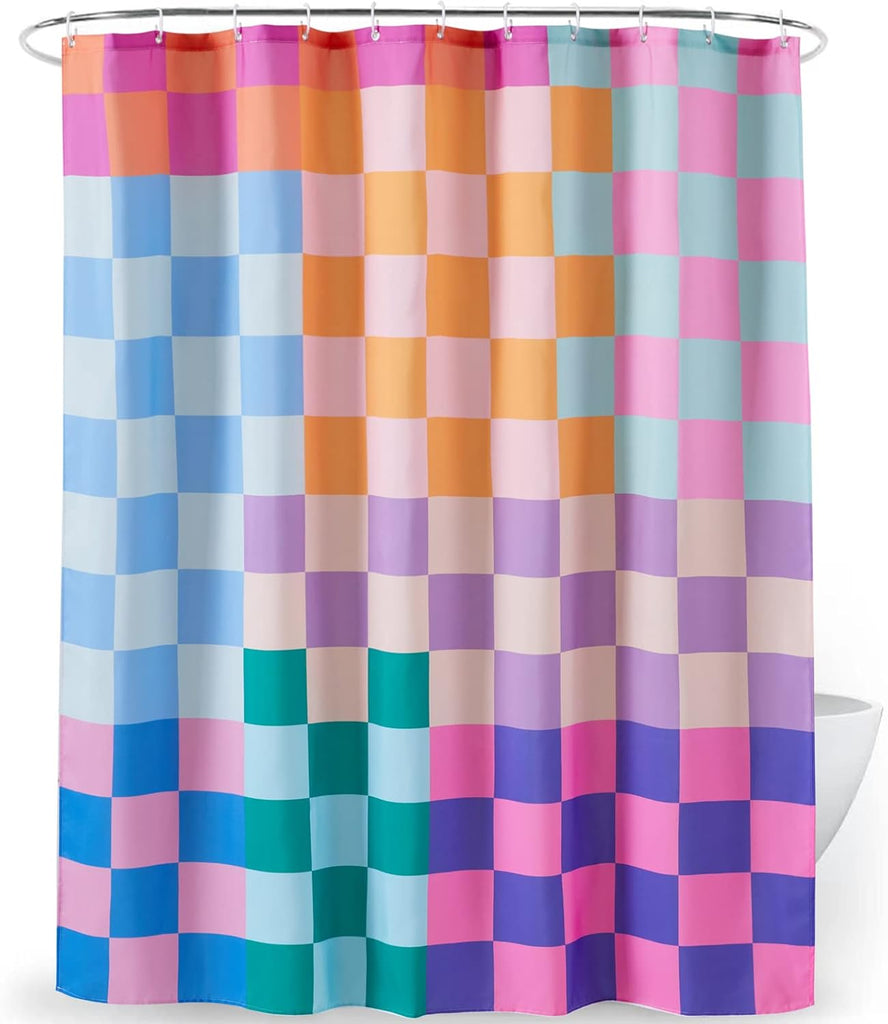 Multicolored Checkered Retro Fabric Shower Curtain Extra Long 72 Inches Length, Bright Rainbow Colorful Modern Simple