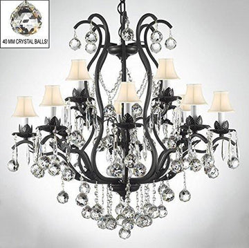 Wrought Iron Empress Crystal (Tm) Chandelier Lighting Dressed W/ Crystal Balls & White Shades - A500-B6/Sc/3034/8+4-White Shades