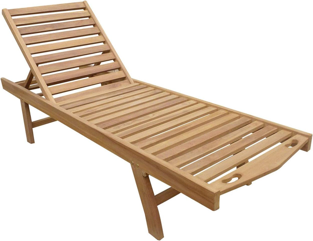 Outdoor Patio Reclining Chaise Pool Lounger Made from Solid Teak Wood