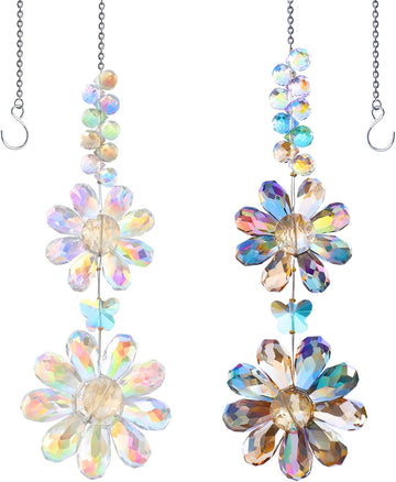 2 PCS Crystal Flower Sun Catcher Prisms Colorful Suncatcher Hanging Ornament Crystals Sunflower Rainbow Maker