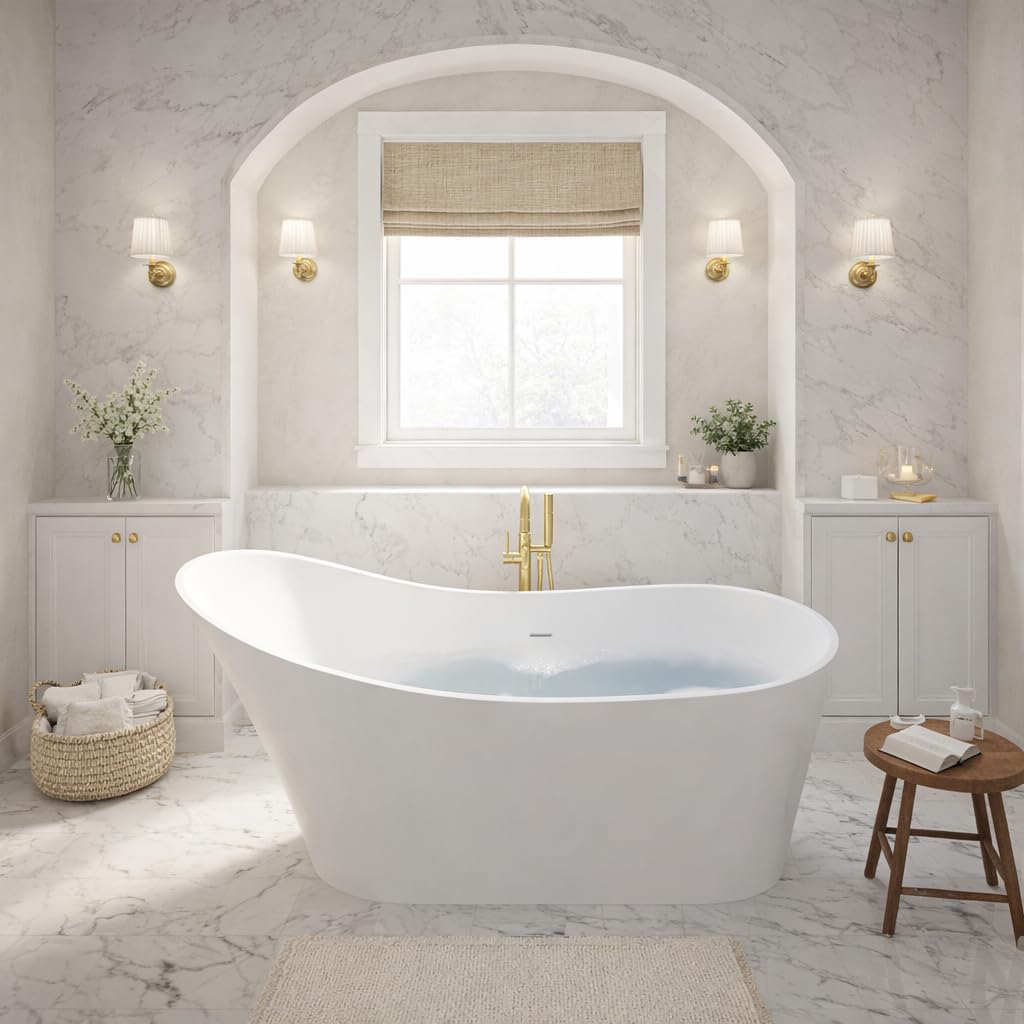 Tuasavi Series 68 in. x 29 in. Flat Bottom Solid Surface Freestanding Soaking Bathtub with Center Drain in Matte White