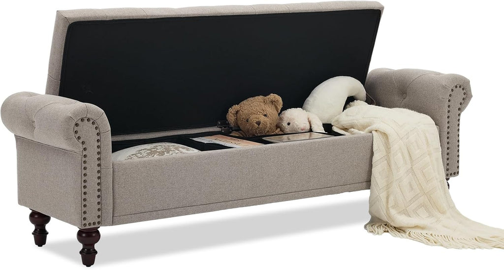 67" Storage Bench , Linen Upholstered, Light Brown | King Size End of Bedroom Bed Bench Ottoman with Tufted Cushioned