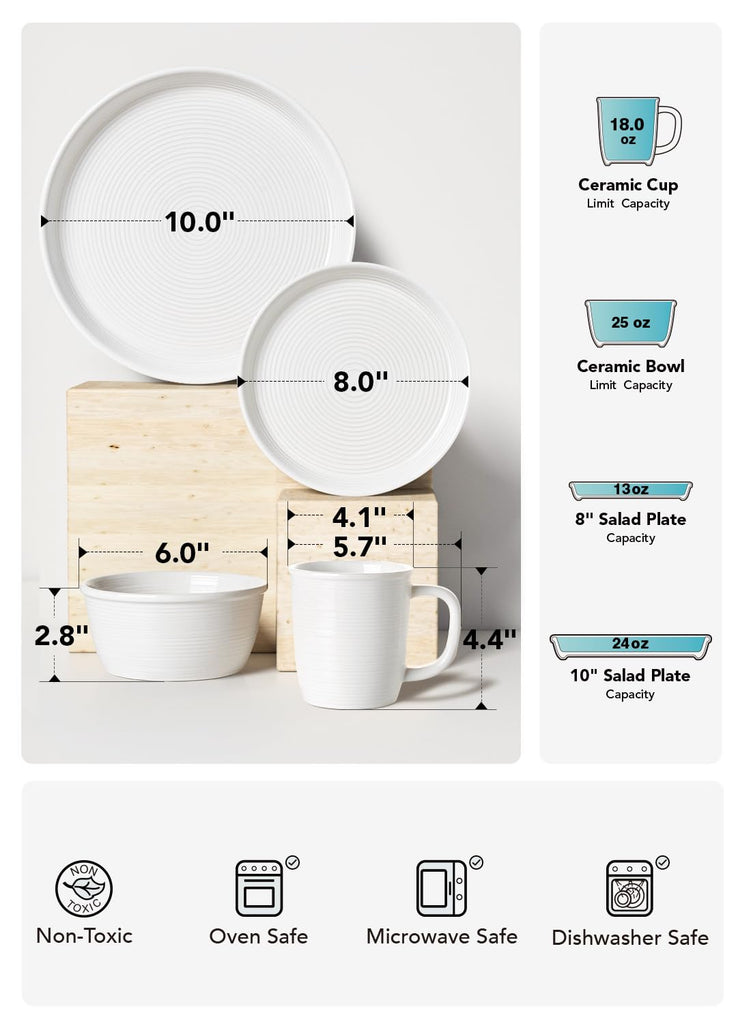 Ceramic Dinnerware Set for 4, 16-Piece with Cups, White