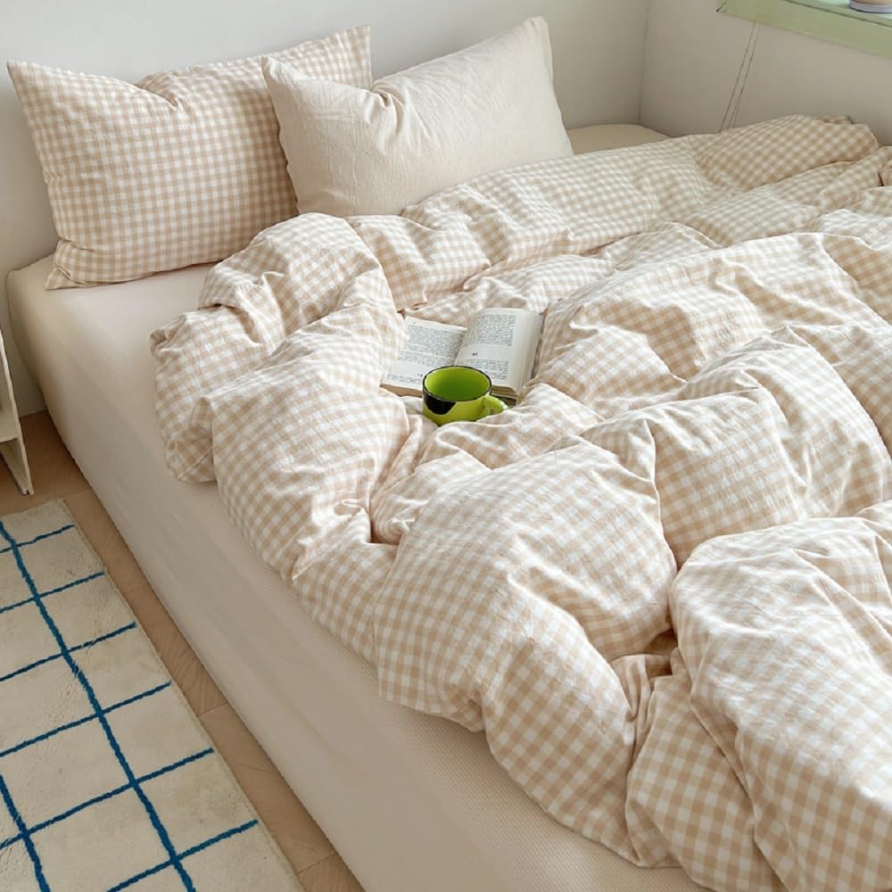 Gingham Duvet Cover Set Beige Plaid Checkered Bedding