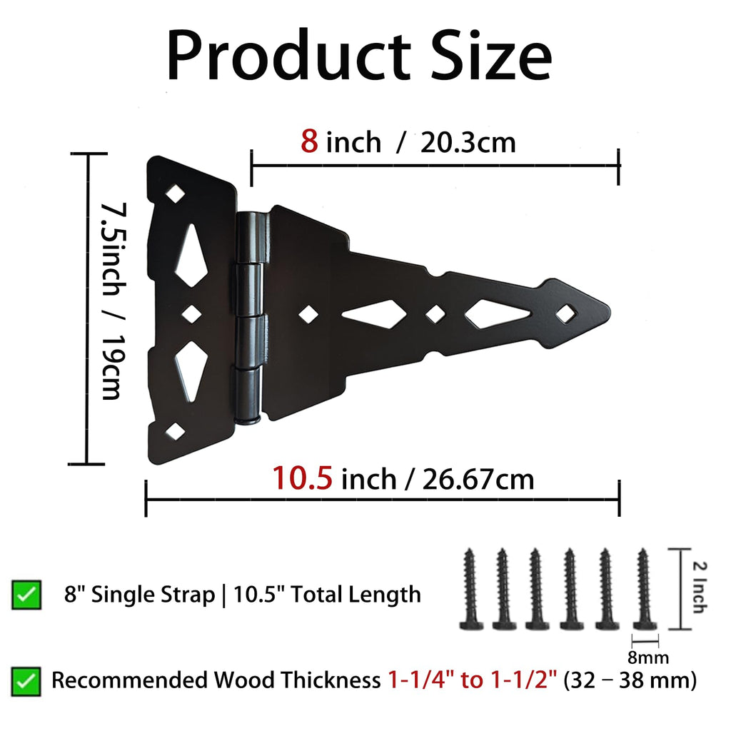 8 Inch Decorative T-Strap Gate Hinges Heavy Duty, 2 Pack