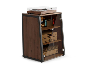 4-Tier Media Stand with Brown Glass Doors & Wooden Shelf, Walnut