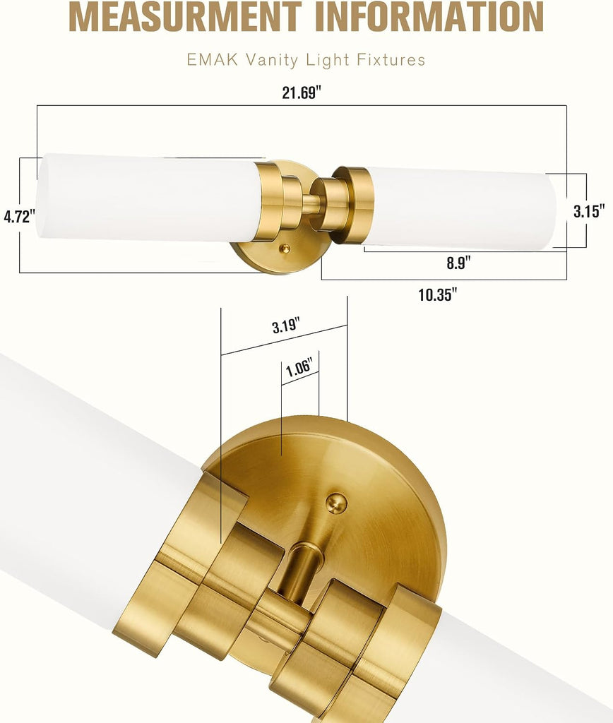Modern 22 Inch Bathroom Light Fixtures Over Mirror, Brushed Gold Vanity Light Bar with Milk Glass Shade, 2-Light