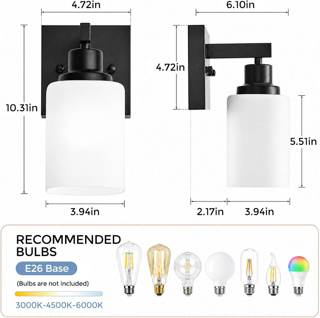 Set of 2 Wall Sconces , Black Bathroom Vanity Light,Modern Wall Sconces Indoor with Square Frosted Glass,Farmhouse