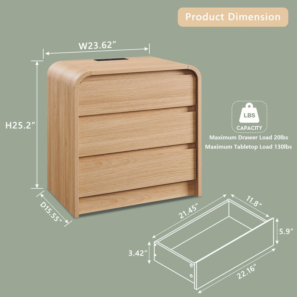25" Tall Modern Nightstand with Charging Station, 23.6'' Wide Wood Bedside Table w/3 Storage Drawers, Small Dresser