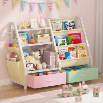 3 Tier Kids Bookshelf and Toy Organizer | 32.4"x11.8"x29.9", 3 Sling Pockets, 2 Bottom Drawers, Large Capacity Bins